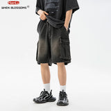 Aidase Korean Fashion Men's Wide Leg Denim Shorts Summer New Fashion Loose Casual Elastic Waist Large Pocket Cargo Men's Jeans Shorts