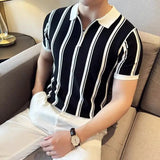 Aidase High-end Simplicity Temperament Handsome Neat Color Collision Stripe Formal Slim Lapel Knitwear Men's Short Sleeves Summer