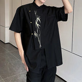 AIDASE  -  New Chinese Style Shirt Men Wear Bamboo Leaf Pattern Embroidery Short Sleeve Shoulder Pad Male Shirts Loose Fit 9W3086 aidase-shop