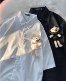 AIDASE  -  Little Bear Decoration Men's Shirt Japanese Solid Color Shorts Sleeve Shirt Summer Loose Casual Male Clothing aidase-shop