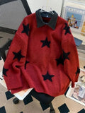 AIDASE  -  American Red Star Print Y2K Sweaters Women Patchwork Knitted Jumpers Tops Loose Female Design Turn Down Collar Pullovers Tops aidase-shop