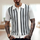 Aidase Men's Business Striped Knitted Polo Shirt Light Luxury Leisure Turn Down Collar Button Short Sleeve Shirts Breathable Knitwear