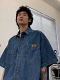 AIDASE  -  Summer New American High Street Vintage Waed Denim irt Men ort Sve Couple Retro Casual Loose Trendy Button up Top aidase-shop