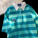 AIDASE  -  Vintage Hong Kong Style Striped Shirt Preppy Polo Collar Short Sleeved T-shirt Men Women Japan Letter Flocking Casual Lapel Top aidase-shop