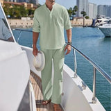 AIDASE  -  Men's Cotton and Linen Shirt Long Pants Two-piece Set Fashionable Henry Collar Long Sleeved Shirt Casual Vacation Beach Pants aidase-shop