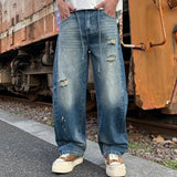 AIDASE  -  Men Brand Fashion Loose Casual Vintage Wide Leg Baggy Broken Hole Ribbed Jeans Cityboy Denim Baggy Jeans Pants Trousers aidase-shop