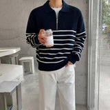 AIDASE  -  Autumn Turn-down Collar Long-sleeved Sweater for Men, Korean Style Loose Retro Casual Half-zip Striped Knitted Shirt Top M-2XL aidase-shop