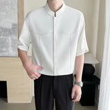 AIDASE  -  Summer New Stand Up Ice Silk Men's Mid Sleeved Shirt Solid Color Stand Collar Male Tops New Korea Fashion aidase-shop