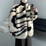 Aidase Male Loose Fur Coat Men's Contrast Color Striped Round Neck 2024 Autumn High Street Male Cotton Overcoat Stylish aidase-shop