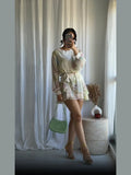 AIDASE  -  Printed Lace Patchwork Chiffon Waist Mini Dress Women Elegant Round Neck Long Sleeve Bodycon Short Dresses 2025 New Summer Robe aidase-shop