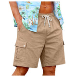 AIDASE  -  Men's Cotton Linen Cargo Shorts Elastic Waist With Drawstring 6 Pockets Summer Vacation Casual Men's Stretch Shorts aidase-shop