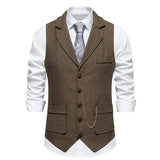 Aidase Men's Retro Lapel Chain Vest Fashion Herringbone Coarse Tweed Pockets Suit Vest British Casual Vintage Gentleman Leisure Party aidase-shop