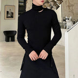 AIDASE  -  Hole High Collar Long-Sleeved T-Shirt For Men Autumn Fashion Slim Solid Color Top Korean Style All-Match Tight Bottoming Shirt aidase-shop