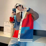 AIDASE  -  Men's Cardigan Sweater Contrast Color Patchwork Knitted Loose Coat Versatile Elegant Personality Fashion Menswear 21E7647