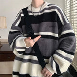 Aidase  Striped Sweater Men's Japanese Loose Retro Student Contrasting Base Shirt Round Neck Knit Jacket Men's Handsome