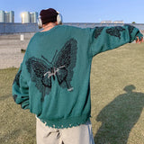 Hem cut butterfly sweater coat national tide high street American style loose fashion color matching round neck sweater loose
