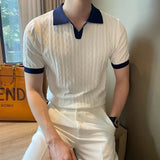 Aidase Spring Summer Fashion Elegant Flip Neck Tees Knitted Casual Versatile Western Commuter Clothing Loose Solid Men's Polo Shirts