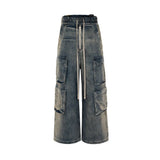 Style Gradient Ribbons Multi-pockets Drawstring Jeans for Men Harajuku Streetwear Baggy Y2K Denim Trousers Oversized Cargos aidase-shop