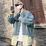 AIDASE  -  Spring American Striped Men's Shirt Denim Jacket Patchwork Fake Two-piece Design Loose Casual Contrast Color Tops aidase-shop