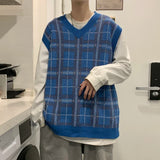 Aidase Sweater Vest Men Japanese Plaid V-neck Knitwear Fashion All-match Sleeveless Spring Soft Ins Clothing Classic Minimalist Stylish aidase-shop