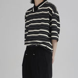 AIDASE  -  Summer Vertical Striped POLO Shirt Irregular Neckline Design Short-sleeved Top Unisex Contrasting Striped T-shirts Elegant Wear aidase-shop