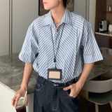 AIDASE  -  Men Shirt Striped Patchwork Lapel Short Sleeve Button Men Clothing Streetwear Korean Style Loose Fashion Casual Tops Men