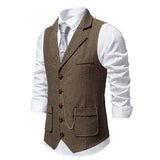 Aidase Men's Retro Lapel Chain Vest Fashion Herringbone Coarse Tweed Pockets Suit Vest British Casual Vintage Gentleman Leisure Party aidase-shop