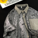 Aidase Men Streetwear Hollow Hole Short-sleeved T-shirt Hip Hop Single-breasted Short-sleeved Shirt Summer Trendy Couple Fashion Tops