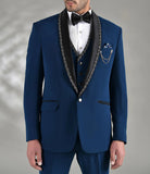 AIDASE  -  Men's Suit 3 Pieces Navy Blazer Vest Pants One Button Sequins Sheer Satin Lapel Business Wedding Groom Tailored Costume Homme aidase-shop