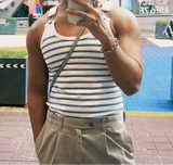 =Aidase Tops American Style Men's Horizontal Stripe Blue&White Strap Buckle Design Vests Casual Men's Sports Knit Waistcoat aidase-shop