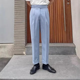 AIDASE  -  Paris Buckle Men's Suit Pants High Waist Slim Fit British Style Vintage Business Casual Straight Leg High Rise Long Trousers aidase-shop