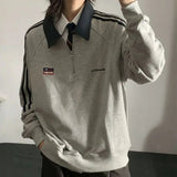 AIDASE  -  American Style Vintage Autumn Winter Sweatshirts Women Lapel Patchwork Half Zipper Label Preppy Style Long Sleeve Loose Hoodies aidase-shop