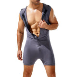 AIDASE  -  New Mens Sexy Front Button Hooded Jumpsuit Fitness Rompers Home Lounge One-piece Pajamas Male Vest Bodysuit Sleepwear Sportwear