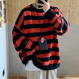 AIDASE  -  Classic Vintage Striped Sweater Men's Casual Japanese Trendy Red White Pullover Loose Round Neck Couple's Jumper Street Kintwear aidase-shop