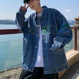 Aidase Trendy Letter Embroidered Workwear Denim Jacket Men 2024 New Fashion American Loose and Versatile Lapel Jacket Aesthetic Chic aidase-shop
