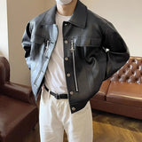 AIDASE  -  Autumn American Vintage PU Leather Coats Men's Loose Short Motorcycle Faux Leather Jacket Couple Metal Zipper Cargo Outwear aidase-shop
