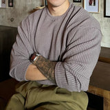 Aidase Mens Autumn Winter New Textured Vertical Striped Knitted T-Shirt Gender-Neutral Loose Casual Simple Long-Sleeved Top Unisex aidase-shop