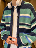 AIDASE  -  Japanese Vintage Striped Sweater Retro Contrasting Striped Cardigan Sweater Men's Spring Autumn Loose Lazy Style Knitted Jacket aidase-shop