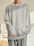 AIDASE  -  Spring Autumn Korean Style Trendy Retro Striped Print Round Neck Long-sleeved T-shirt for Men Loose Version aidase-shop