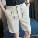AIDASE  -  Men's Elastic Waist Suit Shorts Summer Solid Drawstring Business Casual Knee Length Pants Male Korean Fashion Short Trousers