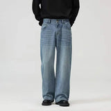 AIDASE  -  Vintage High Street Straight Jeans Men Half Elastic Waist  Loose Washed Denim Pants Four Seasons Fashion Wide-leg Trousers aidase-shop