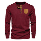 AIDASE  -  Spring and Autumn New Men's Three Button Corduroy Henry Long Sleeved T-shirt Round Neck Slim Fit aidase-shop