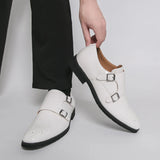 AIDASE  -  Dress Shoes Double Button Low Heel White Loafers Handmade Paty Leather Wedding Shoes Men Leather Formal Business Pointed Shoes aidase-shop