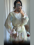 AIDASE  -  Printed Lace Patchwork Chiffon Waist Mini Dress Women Elegant Round Neck Long Sleeve Bodycon Short Dresses 2025 New Summer Robe aidase-shop