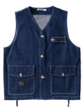 Aidase Cargo Pocket Cityboy Denim Vest Unisex Loose Casual Tank Top for Men Women Vintage Waistcoat Jeans Coat Vest Top aidase-shop