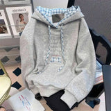 AIDASE  -  American Style Patchwork Women Hooded Sweatshirt Spring Autumn Letter Bow Embroidery Loose Pullovers Lady Hoodies aidase-shop