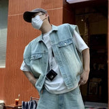 AIDASE  -  Summer New Men Tide Punk Vintage Style Washed Denim Vest Torn Shorts Set Hip Hop Trend High Street Sleeveless Jacket aidase-shop
