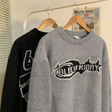 AIDASE  -  Retro Embroidery Sweater Men Women Autumn Winter Thick American Vintage Letter Pullover High Street Loose Knit Sweater Jacket aidase-shop