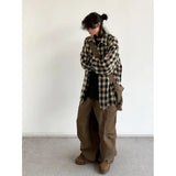 AIDASE  -  Retro American Plaid Long Sve irt Men Women Spring Autumn Mural Embroidery Ripped Workwear Loose Fit irt Jaet aidase-shop
