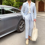 Aidase Summer Thin Men Leisure Blue Striped Seersucker Suit British Gentry Suit Men Suit Business Tuxedos Slim Fit Groom Men Suit aidase-shop